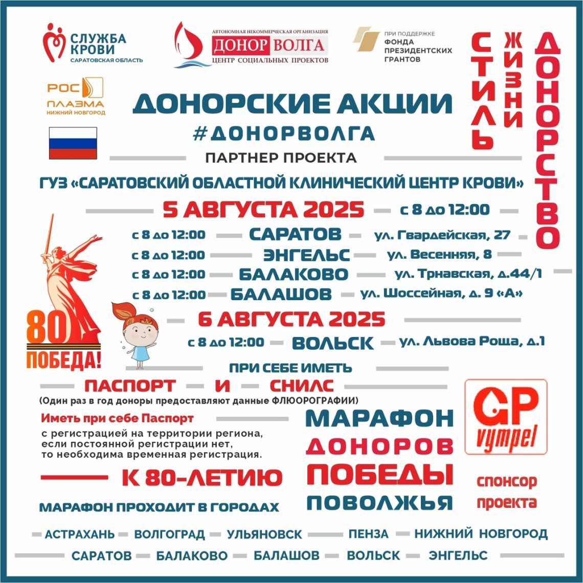 ПРОДОЛЖАЕТСЯ «МАРАФОН ДОНОРОВ ПОБЕДЫ ПОВОЛЖЬЯ» В САРАТОВСКОЙ ОБЛАСТИ — АВГУСТ 2025